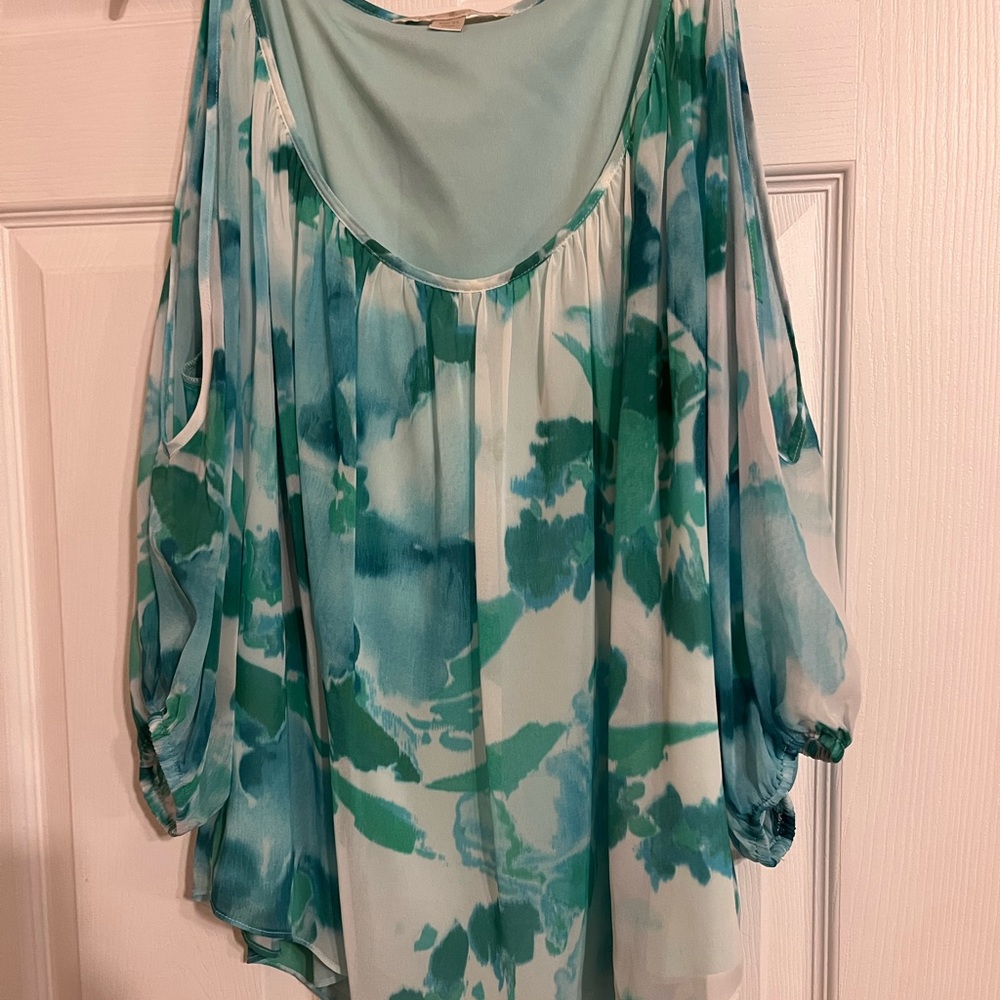 Boston Proper Green and Blue Asymmetrical 3/4 Sleeve Blouse